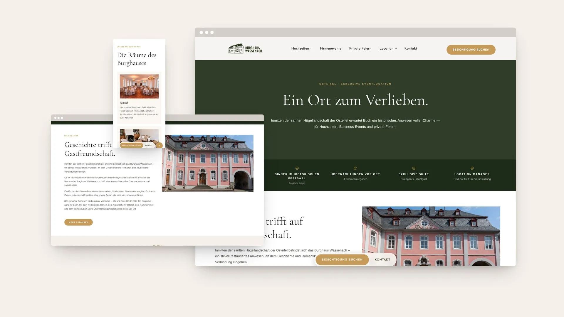 Burghaus Wassenach Website auf Desktop und Mobile – Startseite und Location