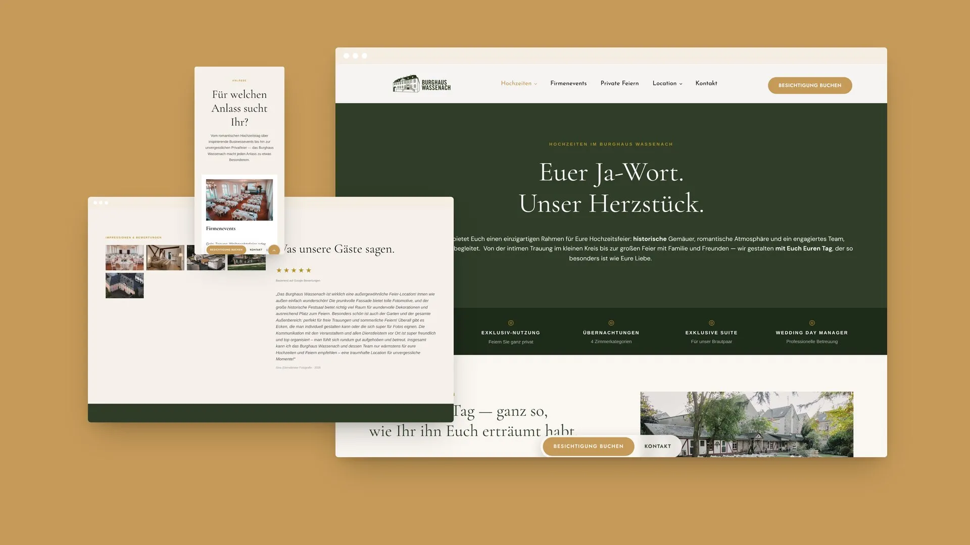 Burghaus Wassenach Website – Hochzeitsseite und Anlass-Übersicht