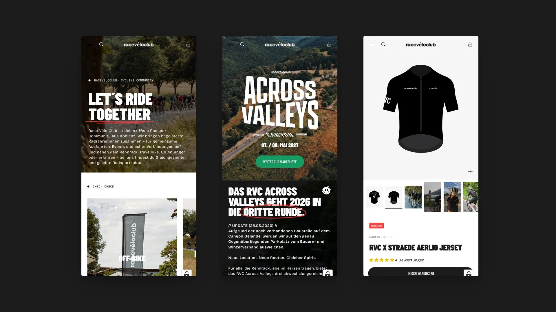 Race Vélo Club Website – mobile Ansichten dunkel