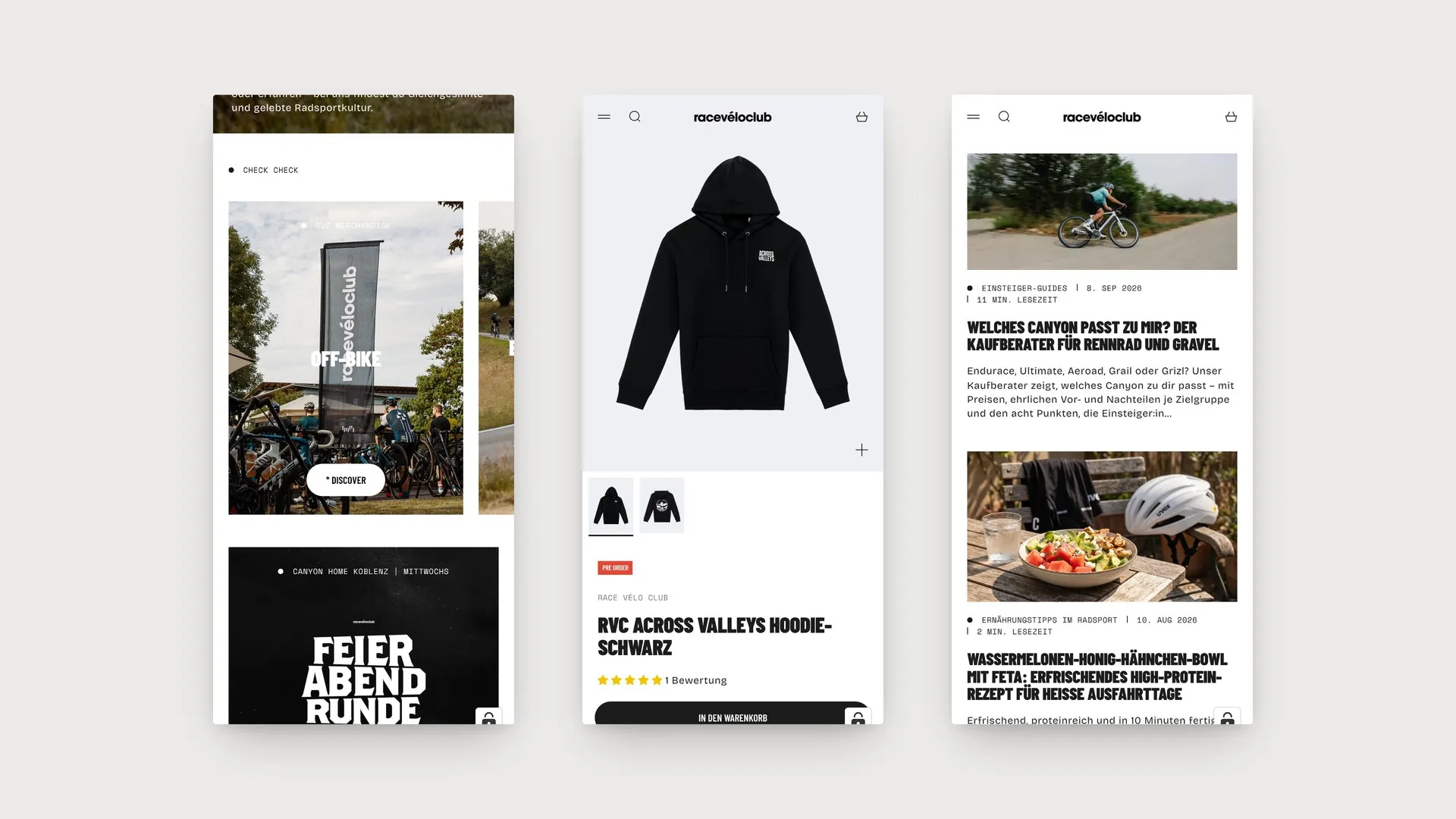 Race Vélo Club Website – mobile Ansichten hell